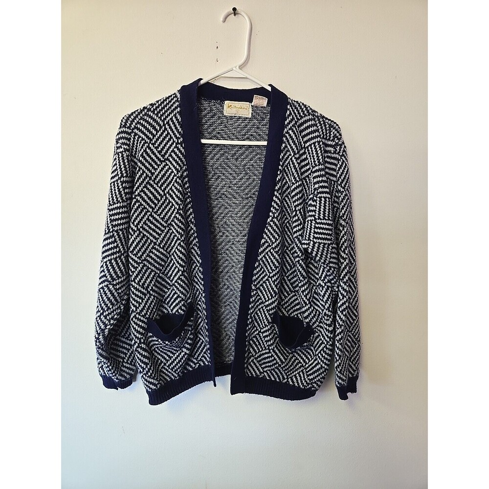 Vintage‎ Knitmakers Cardigan Large Navy Blue White Geometric Knit Open Pockets